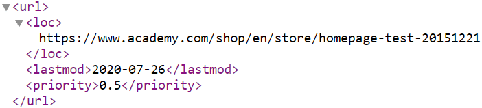 Academy Sports + Outdoors home page test URL in sitemap